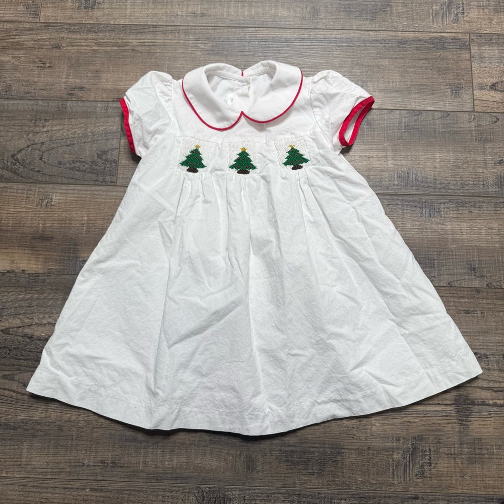 Dondolo White Dress with Smock Christmas Tree Embroidery Dress